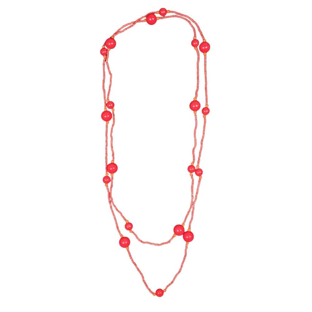 VTG 80s Red Orange Beaded Endless Strand Necklace 59" New Wave Color Pop Flapper